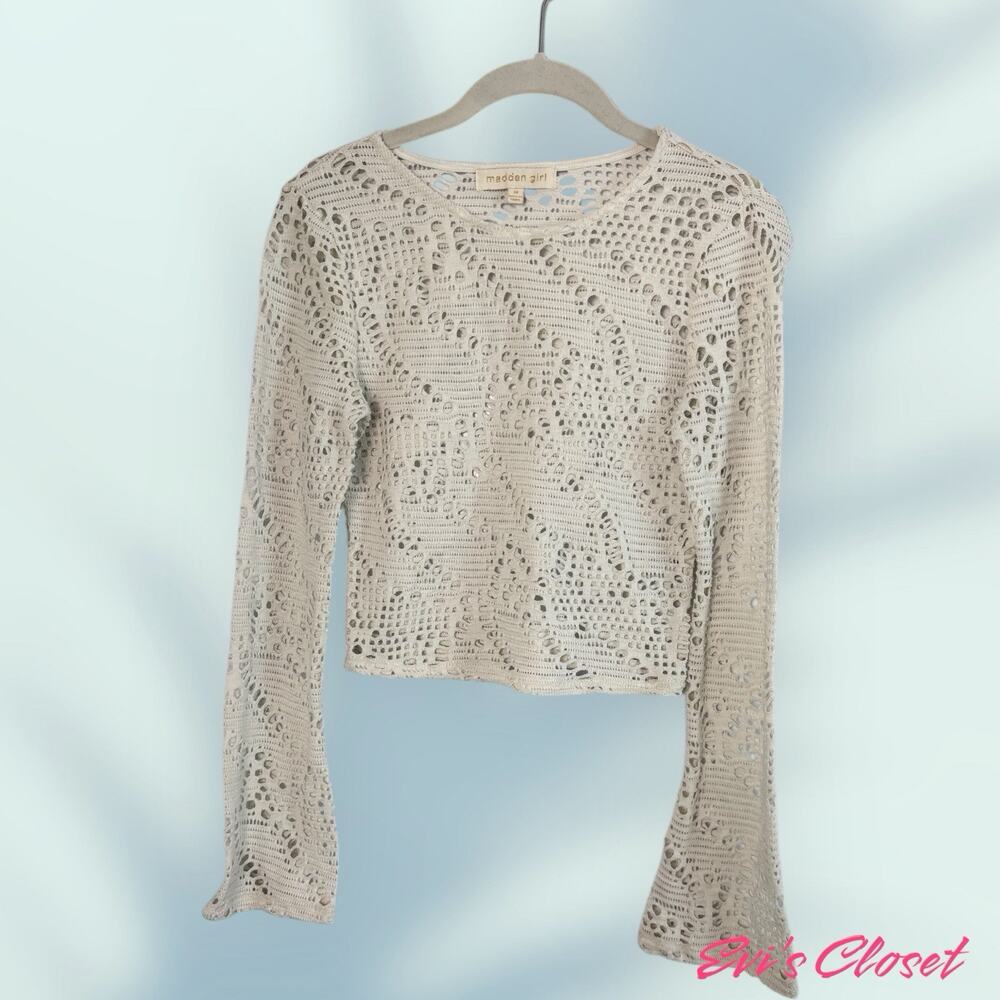Madden Girl Junior Ribbed Crochet Off White Sweater Cropped Long Sleeve Sz M